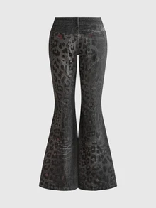 ROMWE Grunge Punk Y2K Light Leopard Print Flare Jeans For Women - Black - View 2