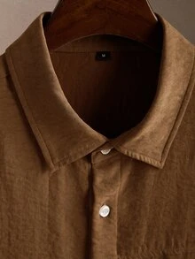 Core Aspect Men's Khaki Brown Long Sleeve Shirt + White Pants Set, Minimalist Design Lapel Top + Pants Set, Casual Daily Commute Vacation Outfit - Khaki - View 4