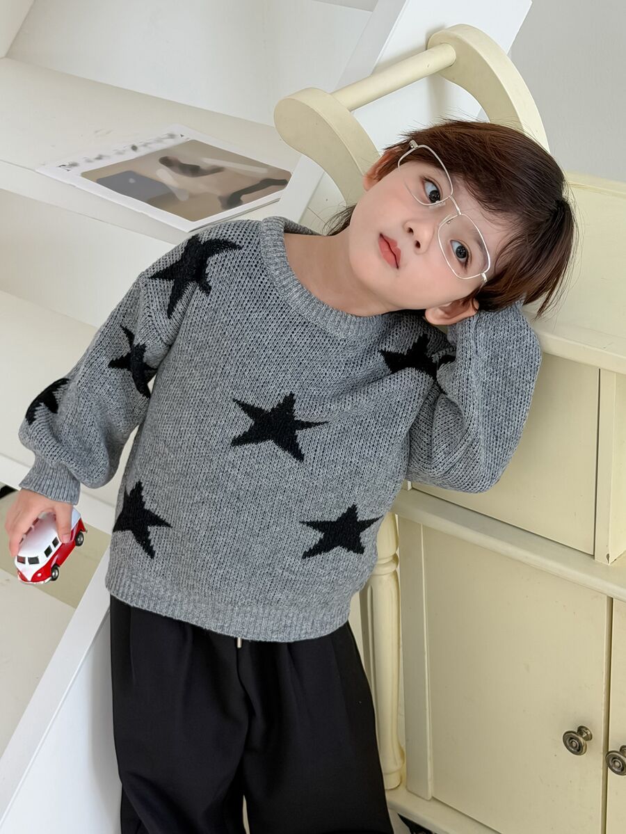 DAZY Baby Boy Round Neck Contrast Color Star Long Sleeve Autumn/Winter Sweater - Grey - View 1