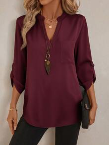 EMERY ROSE Blus Elegan Wanita Warna Polos Minimalis dengan Saku untuk Kantor - Burgundy - View 3