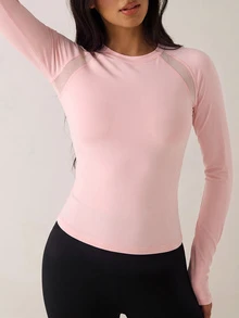 SHEIN BAE تي شيرت رياضي نسائي بأكمام طويلة من نوع راجلان بلون موحد - وردي فاتح - مشاهدة 7