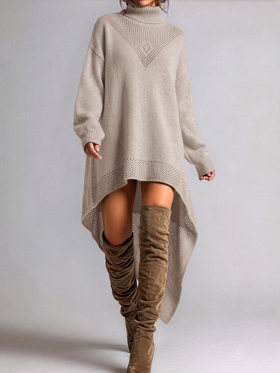 Wandoria Women's High Neck Solid Color Dropped Shoulder Long Sleeve High-Low Hem Knit Dress - Apricot - View 1