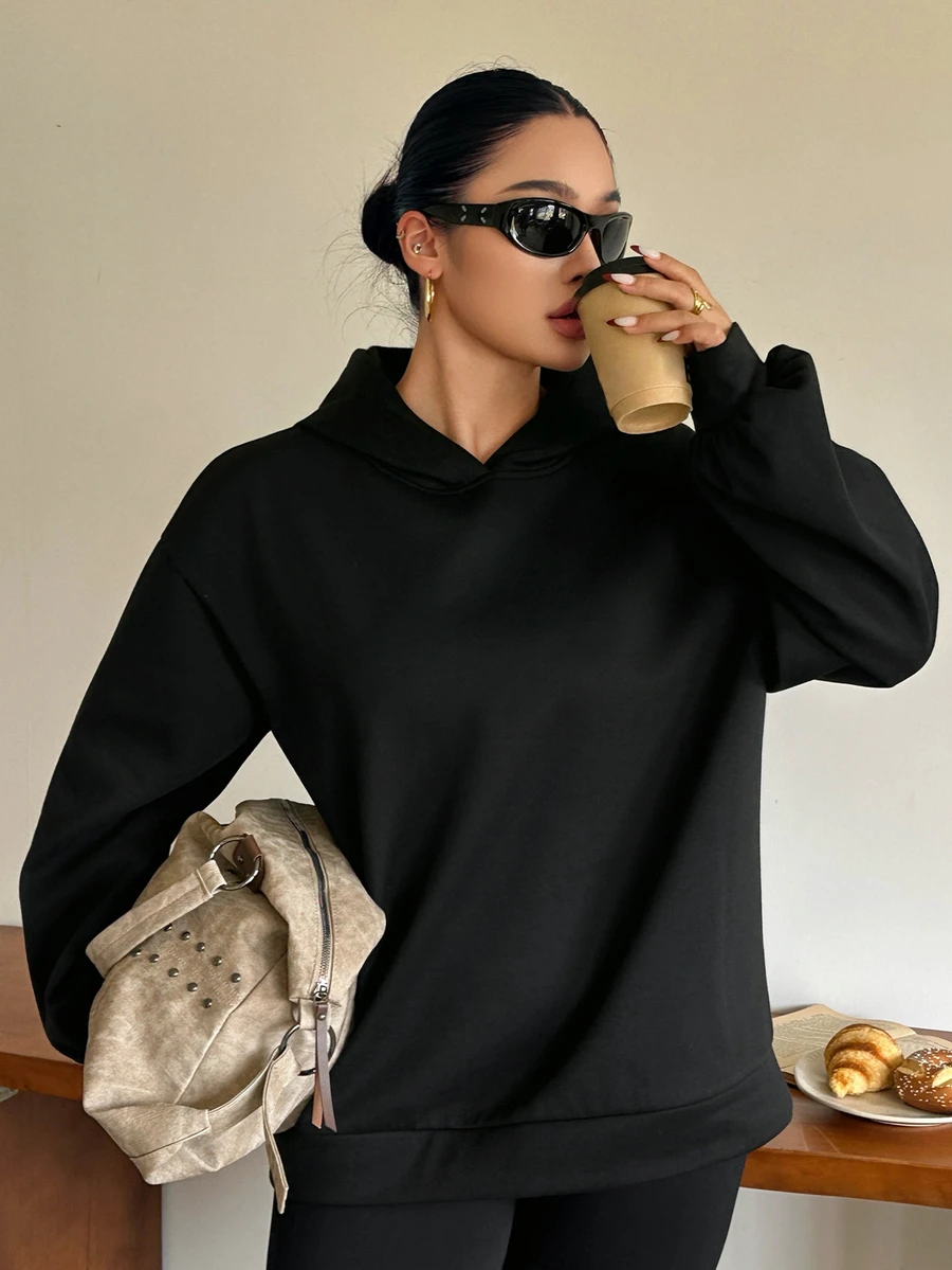 Dazy Plus Sweatshirt Hoodie Kasual Tebal Berlapis Termal, Gaya Blogger, Warna Polos Dasar Baru Musim Gugur/Dingin - Hitam - View 1