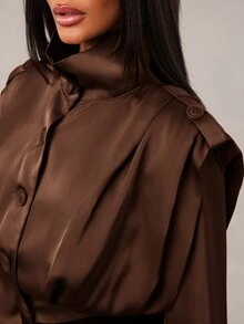 Radiana Sexy Elegant Fashion Dark Brown Satin Cropped Jacket Dinner Night Out - Coffee Brown - View 7