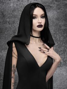 Cryptelle Gaun Tanpa Lengan Berkerah V Dalam Gaya Gothic Gelap untuk Wanita dengan Hiasan Jala untuk Kostum Pesta Halloween Bertema Penyihir di Musim Gugur/Musim Dingin - Hitam - View 7