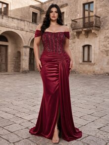Coutiva Plus Size Women Off-Shoulder Ruched Slit Design Elegant Waist-Cinching Formal Evening Gown Dress - Burgundy - View 7