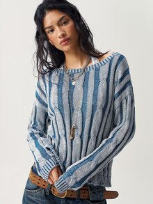 Bohemela Vintage Mixed Wool Off-Shoulder Loose Cable Knit Pullover - Blue and White - View 7