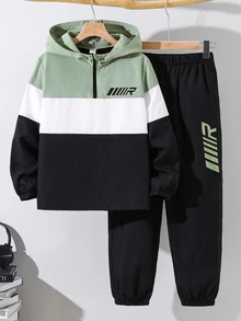 SHEIN KidsTweenBoy Casual Sports Pattern Colorblock Hooded Jacket & Black Pants Set, Suitable For Fall/Winter, School, Family Gathering, Vacation, Party, FallOutfit, WinterOutfit, Boys Outfit Set - Multicolor - View 3