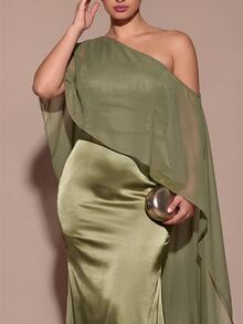 SHEIN BAE CURVE 大尺碼女款優雅長版不對稱單肩洋裝 - 綠色 - 查看 3