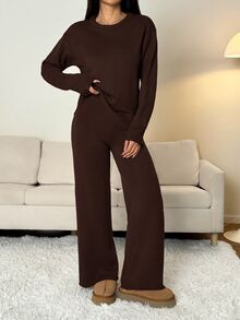 SHEIN PETITE 女款純色圓領長袖毛衣與長褲休閒套裝，標準版型，秋冬小碼居家室內度假咖啡棕 - 巧克力棕 - 查看 6