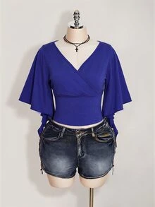 SHEIN ICON 女款大尺碼黑色夏季哥德風性感夜店約會派對夜店 T-shirt，復古優雅 V 領荷葉袖修身 Y2K 風格 - 寶藍色 - 查看 4