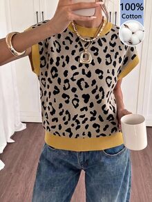 Siren Gaze Women's Leopard Print Colorblock Casual Daily Wear Knit Top - White - View 1