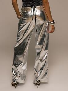 MUSERA Metallic Silver Mid Rise Loose Fit Trouser Autumn Winter Fall Sexy Girly Cute Going Out Christmas Girls Bathroom - Silver - View 4