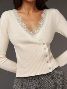 Athîral Women's Lace Patchwork Casual Daily Long Sleeve Sweater - Beige - View 4