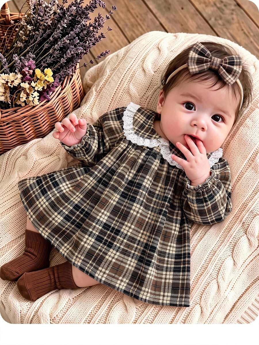 SHEIN Newborn Baby Plaid Pleated Casual Summer Dress - Brown - View 1