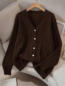 SHEIN LUNE 大尺碼女款純色V領休閒日常外出開襟羊毛衫 冬季 - 棕色 - 查看 1