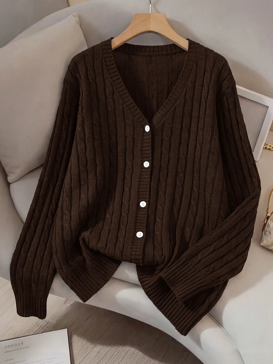 SHEIN LUNE 大尺碼女款純色V領休閒日常外出開襟羊毛衫 冬季 - 棕色 - 查看 1