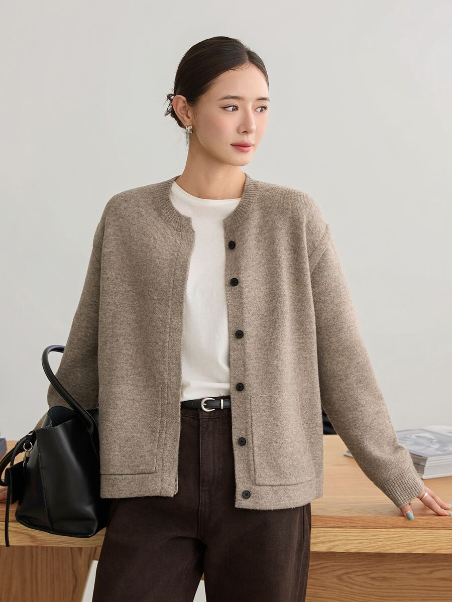 Dazy-Less Autumn/Winter Coffee Brown Round Neck Button Cable Knit Long Sleeve Slim Fit Ribbed Cardigan For Women - Coffee Brown - View 1