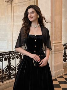 Vintamour Women's Solid Color Metal Button Design Elegant Mid-Length Dress - Black - View 3