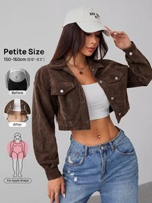SHEIN PETITE 秋季女裝落肩翻蓋設計短版燈芯絨黑色夾克，適合嬌小女款，返校、上班、旅行、日常穿著、街頭休閒風 - 咖啡棕 - 查看 2