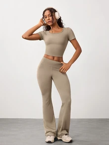 Dewbera Dewbera Women's Solid Color Short Sleeve Top And Leggings Casual Daily Sports Set - Camel - View 1