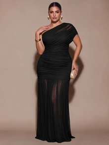 SHEIN BAE CURVE Plus Size Women's Green Asymmetrical Shoulder Pleated Dress - Black - View 4