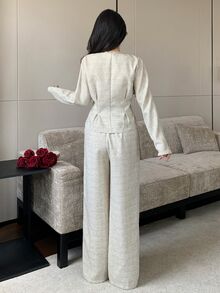 Feyla French Elegant Button-Up Waist Blouse And Pleated Long Pants Set - Apricot - View 6