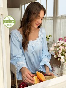Snug Reverie Korean Style Spring/Autumn Long Sleeve Sweet Lace 100% Pure Cotton Jacquard Nightgown Loungewear - Baby Blue - View 5