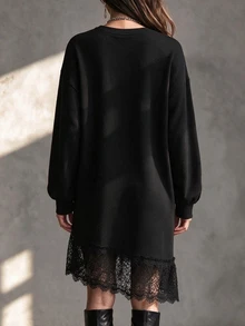INAWLY Women's Fashion Elegant Casual Vacation Solid Color Long Sleeve Lace Hem Patchwork Dress - Black - View 2