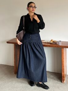 Dazy Plus Double-Breasted Design Long Loose Elegant Denim Skirt - Dark Wash - View 1