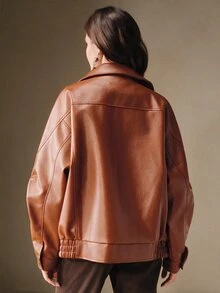 Anewsta Essential 女款復古街頭風休閒摩登深棕色大廓型荔枝紋PU皮革秋季夾克，適合夜生活、通勤、早午餐、日常穿搭 - 橘色 - 查看 6