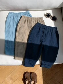 SHEIN 3件組男嬰幼童可愛休閒百搭舒適親膚柔軟純色鬆緊腰長褲套裝秋季服飾 - 彩色 - 查看 4