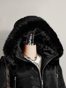 SHEIN ICON Women's Plus Size Hooded Patchwork Fur Collar Black Padded Coat Winter - Black - View 10