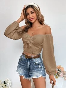 SHEIN VCAY 女款純色露肩前綁帶長袖襯衫 - 卡其色 - 查看 6