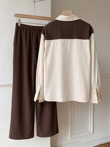Solflare Plus Size Faux Cape Button Shirt And Pocket Pants 2 Pieces Set - Multicolor - View 5