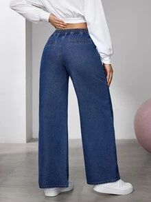 Flexra Women's Loose Wide Leg Jeans, Deep Blue Washed, Double Button Front Waist With Pleats, Elastic Back Waist, Comfortable Non-Binding, Hip-Flattering Slimming, Versatile For Commute And Travel, Autumn/Winter - Dark Wash - View 2