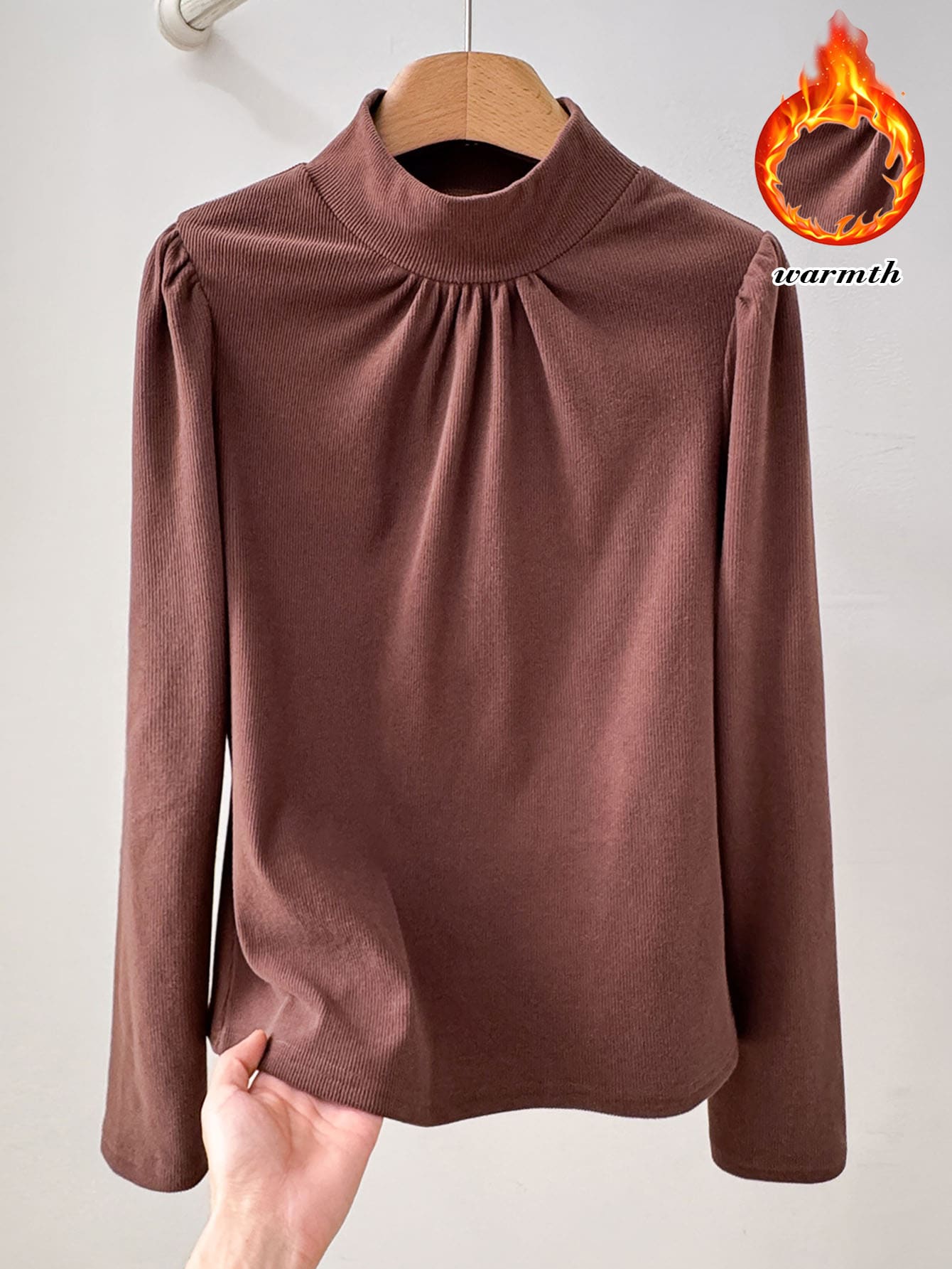 Rusticease Middle-Aged Women Solid Color Pleated Casual Daily T-Shirt - Brown - View 1