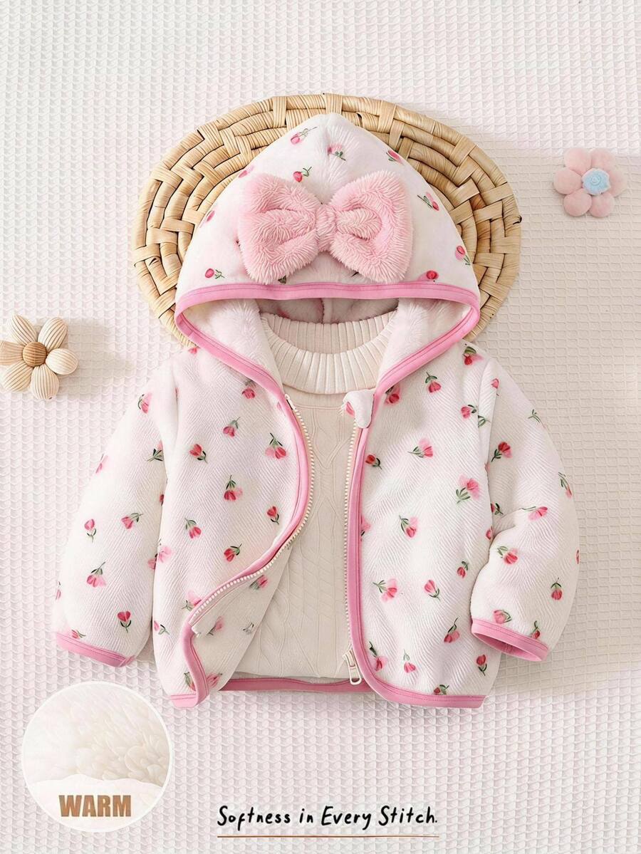 Cozy Pixies 新生女嬰花卉圖案保暖內裡加厚長袖拉鍊冬季外套,百搭舒適 - 彩色 - 查看 1