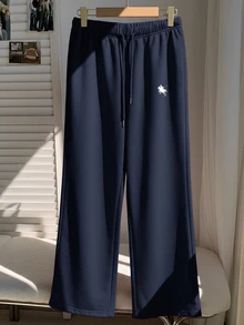 Comfortcana Plus Size Navy Blue Thermal Lined Casual Knit Long Pants, Autumn/Winter - Navy Blue - View 4