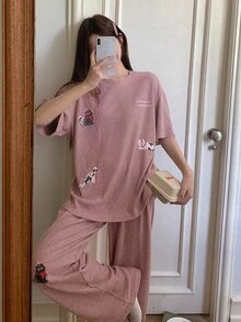 DAZY Cute Cat Pattern Loose Short Sleeve T-Shirt & Straight Leg Long Pajama Pants 2pcs Set Women's Loungewear - Pink - View 4