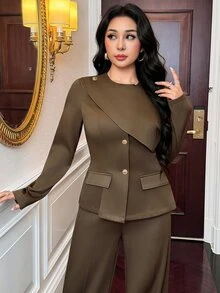 Feyla New Design Wrapped Top With Cinched Waist And Wide Leg Pants, Elegant Versatile Set For Daily Commute - Brown - View 3