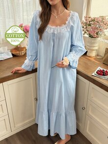 Snug Reverie Korean Style Spring/Autumn Long Sleeve Sweet Lace 100% Pure Cotton Jacquard Nightgown Loungewear - Baby Blue - View 1