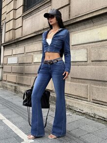 StreetHx Y2K Hot Girl Denim Style 2 Pieces Set, Hooded Cropped Zip-Up Top And Low-Waist Flared Jeans Outfit - Dark Wash - View 7