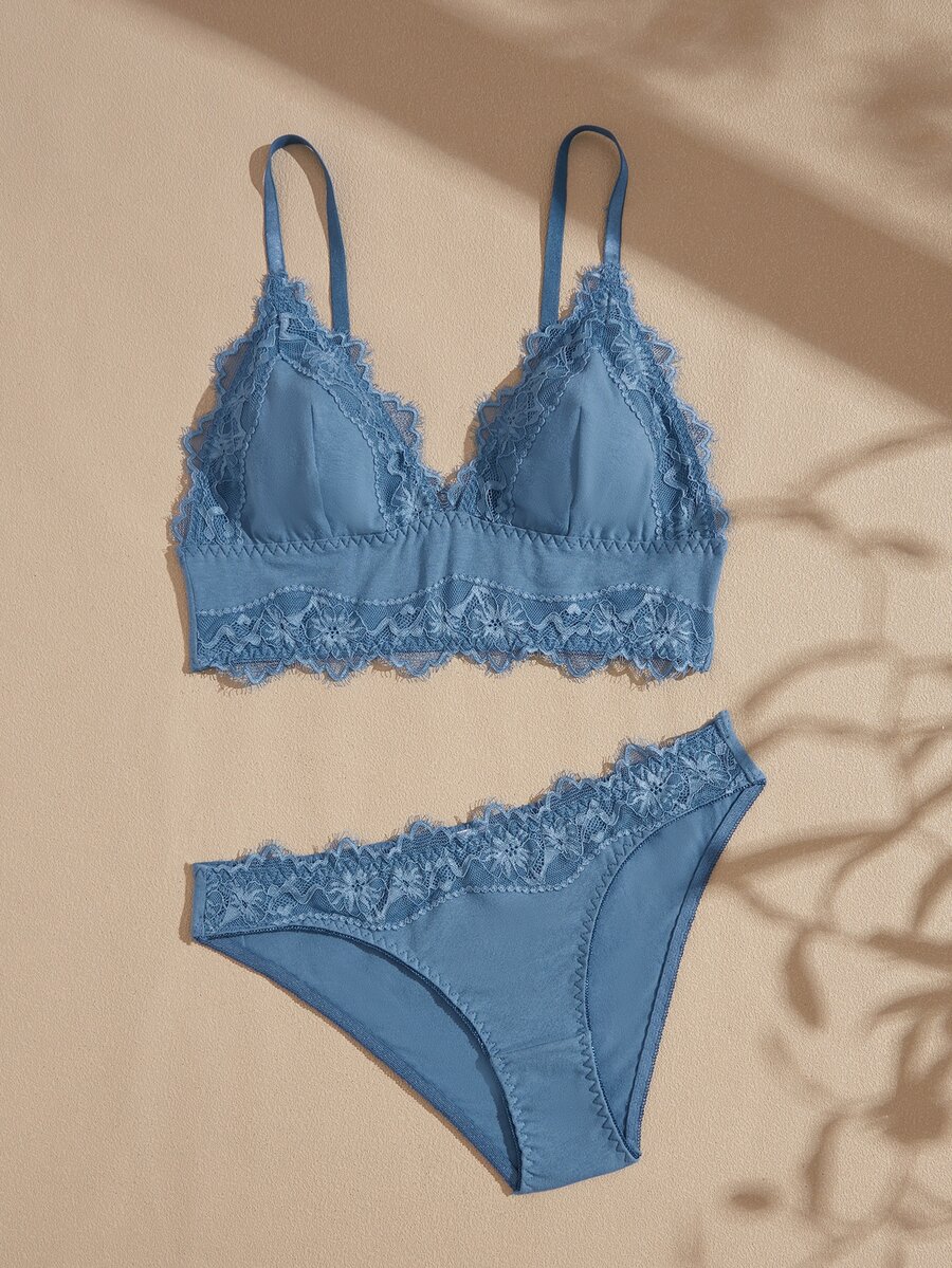 Lullawish Women's Lace Patchwork Tank Top And Triangle Panty Lingerie Set - Blue - View 1