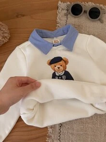 Cozy Pixies Baby Boys Sweatshirts Knit Crew Neck Pullover 2 In 1 Collar Sweatshirt Old Money Style Bear Front Print Thick Comfortable - Apricot - View 5