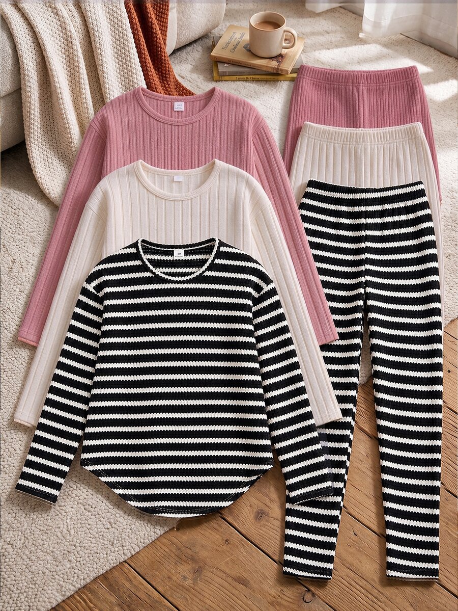 SHEIN Vintaside Kids 女童軟綿復古條紋上衣,圓弧下擺配寬鬆長褲,修身輕盈春秋開學套裝 - 彩色 - 查看 1