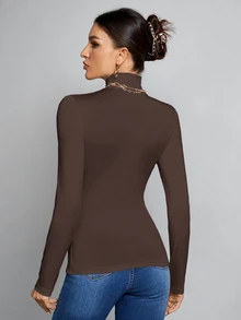 SHEIN Tall 簡約純色修身高領白色上衣，適合秋冬，高個女性穿著 - 巧克力棕 - 查看 2
