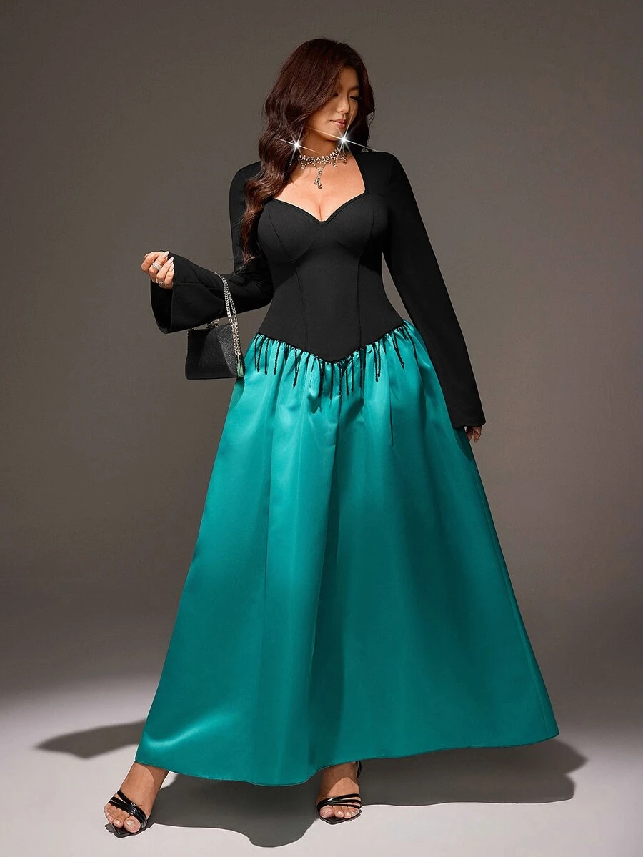 Viva Relle Plus Size Women's Colorblock Pleated Casual Elegant Party Evening Summer Dress Fall New Year Teal - Multicolor - View 1
