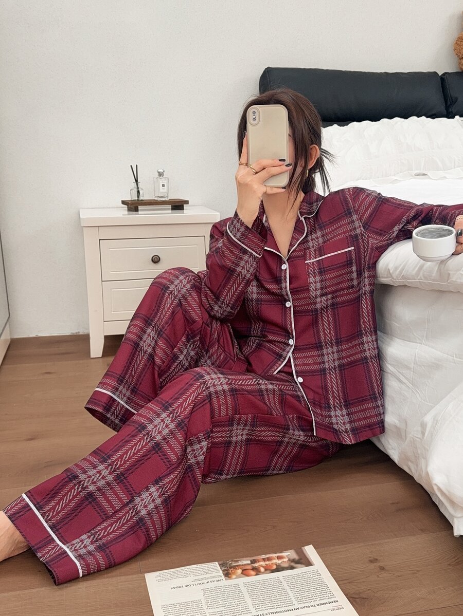 SHEIN Autumn Red Plaid Print Pajamas Long Sleeve Long Pants Home Wear 2 Pieces Set - Red - View 1