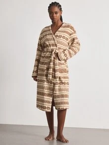 Ocili Women's Plush Double-Sided Fleece Printed Snowflake Robe - Khaki - View 2